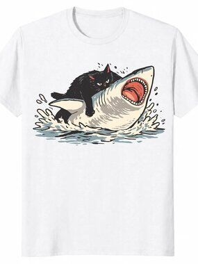 Fat Cat Vs Shark Meme T-Shirt Funny Cat Riding Shark Tee